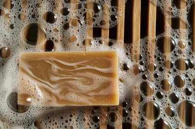 Bar Of Natural Soap With Bubbles On Bamboo Mat