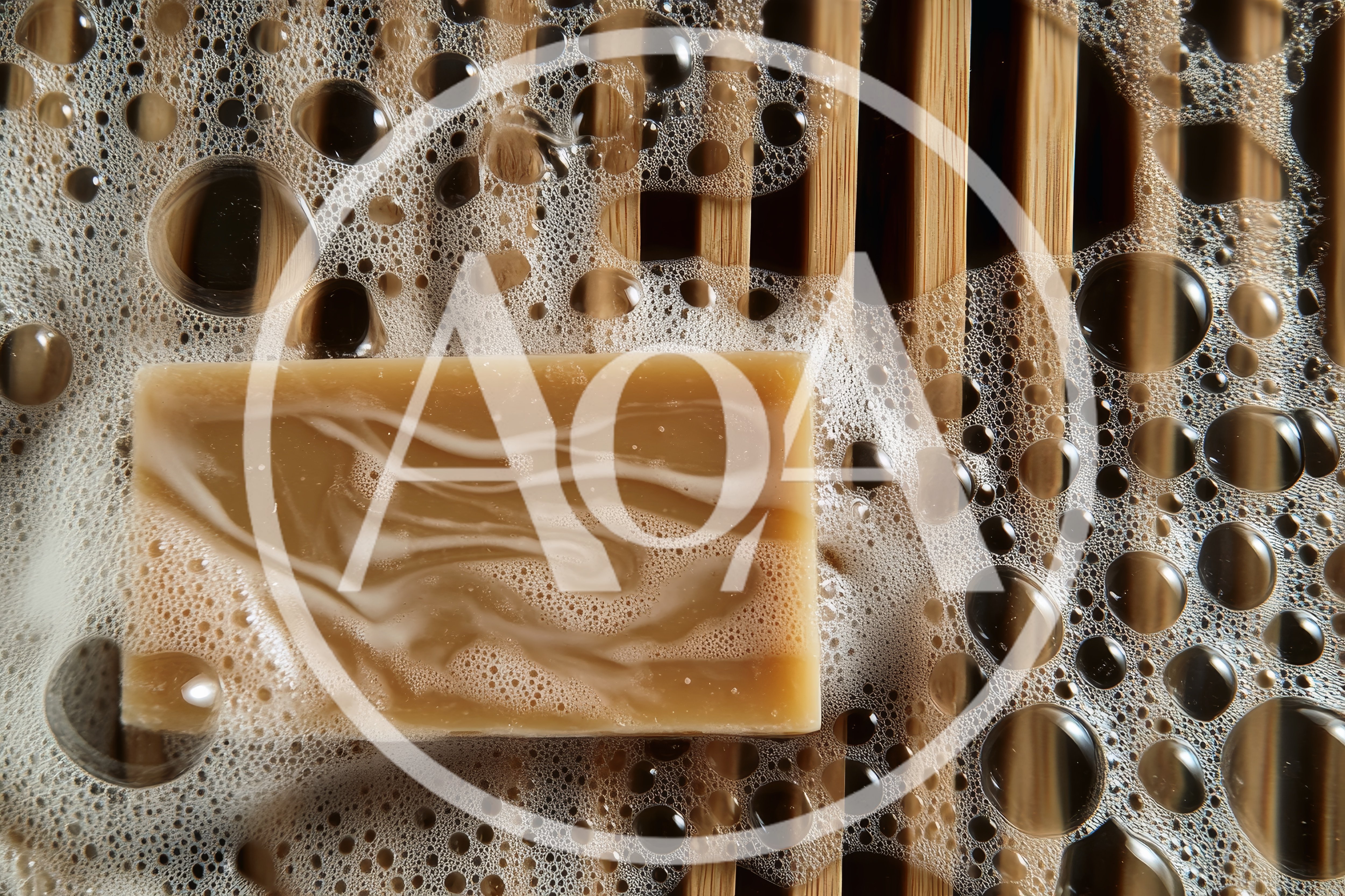 Bar Of Natural Soap With Bubbles On Bamboo Mat