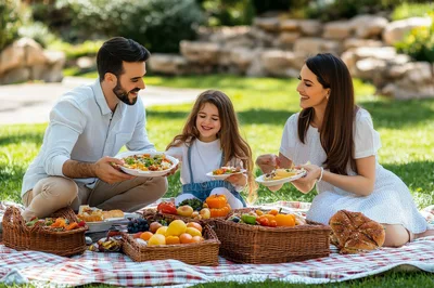Happy Family Enjoying A Picnic In The Park