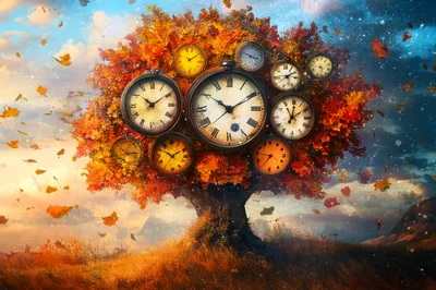 Surreal Autumn Tree With Floating Vintage Clocks