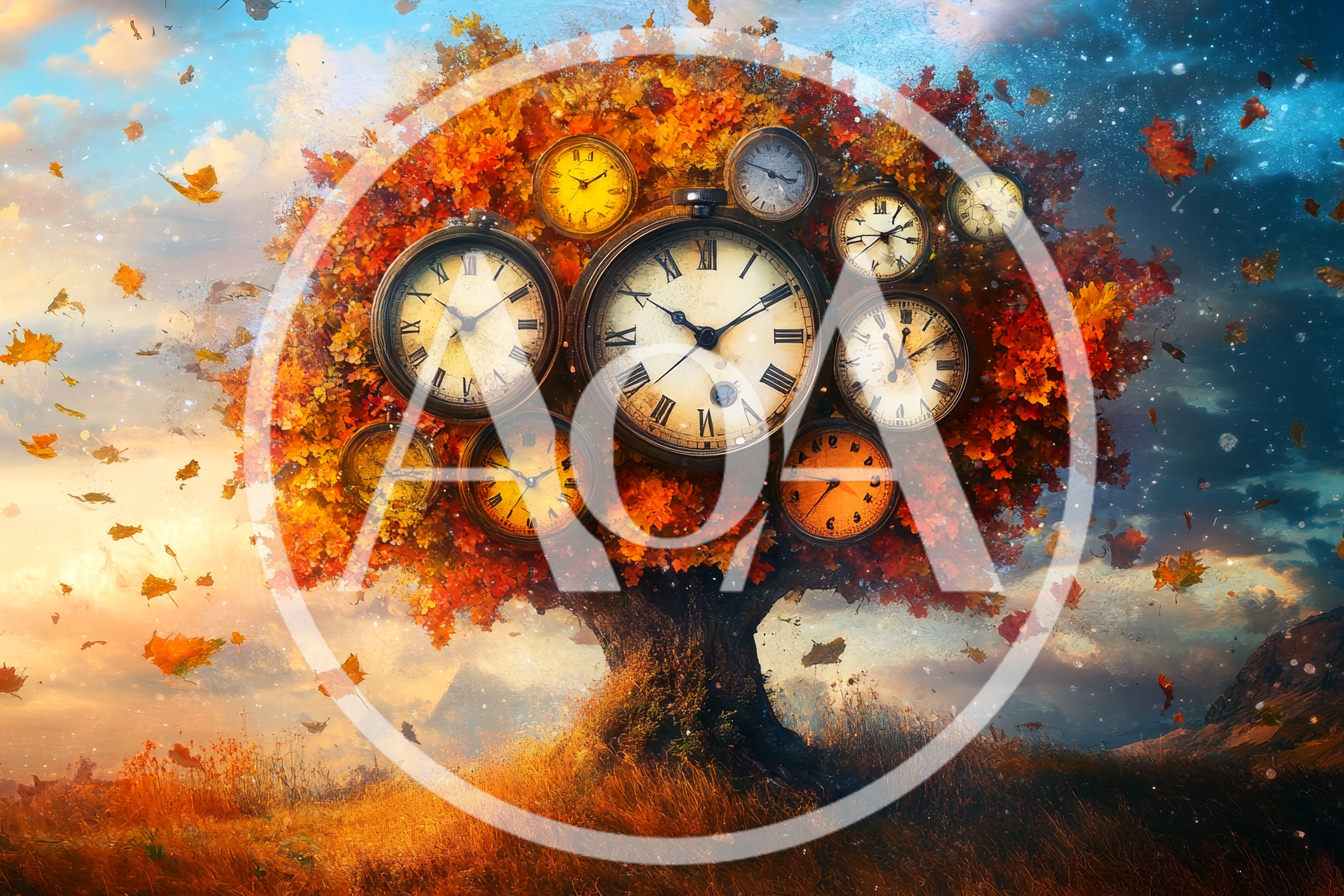 Surreal Autumn Tree With Floating Vintage Clocks