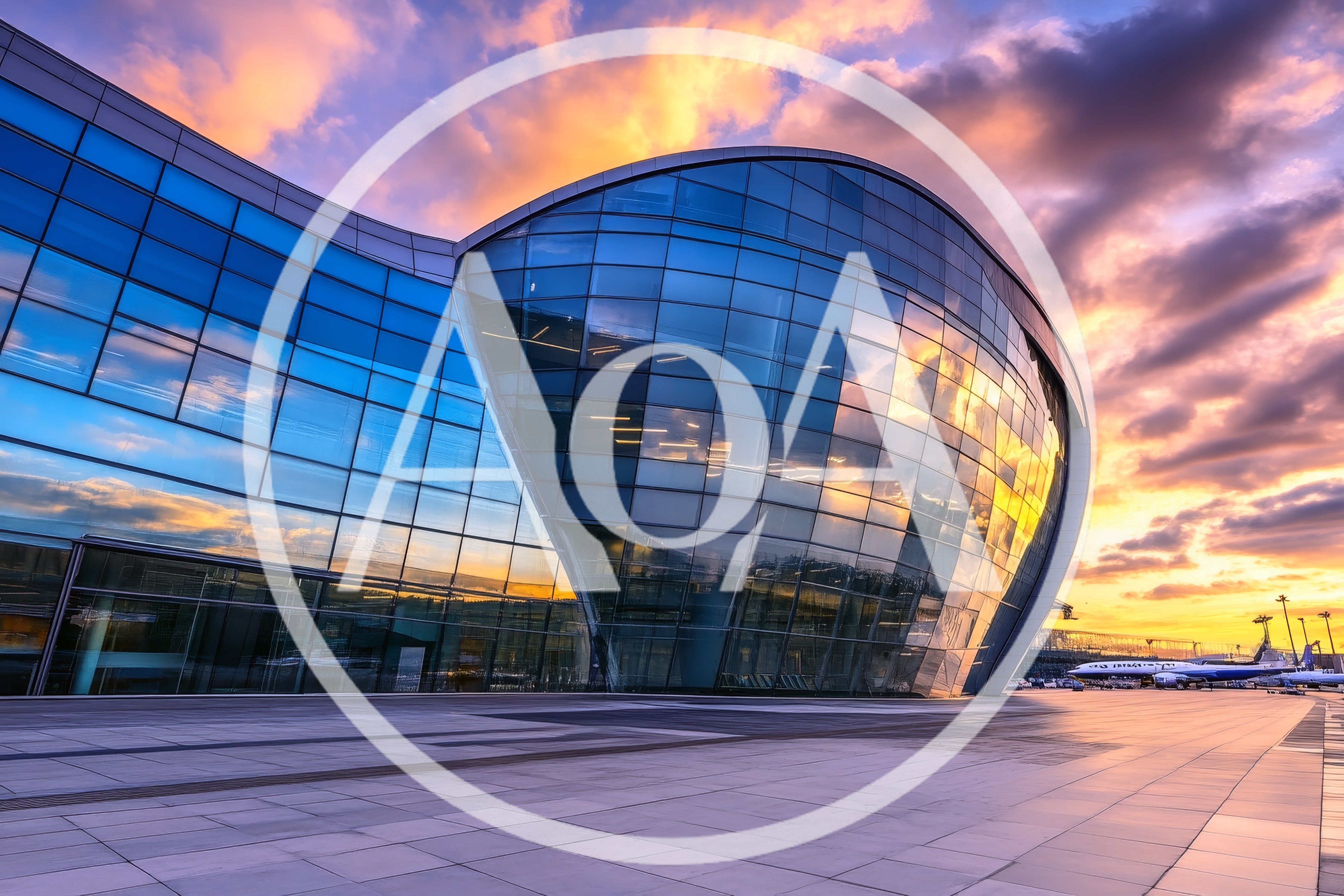 Modern Glass Airport Terminal Building At Sunset