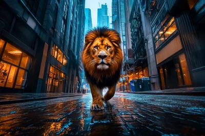Majestic Lion Walking Down A Wet City Street