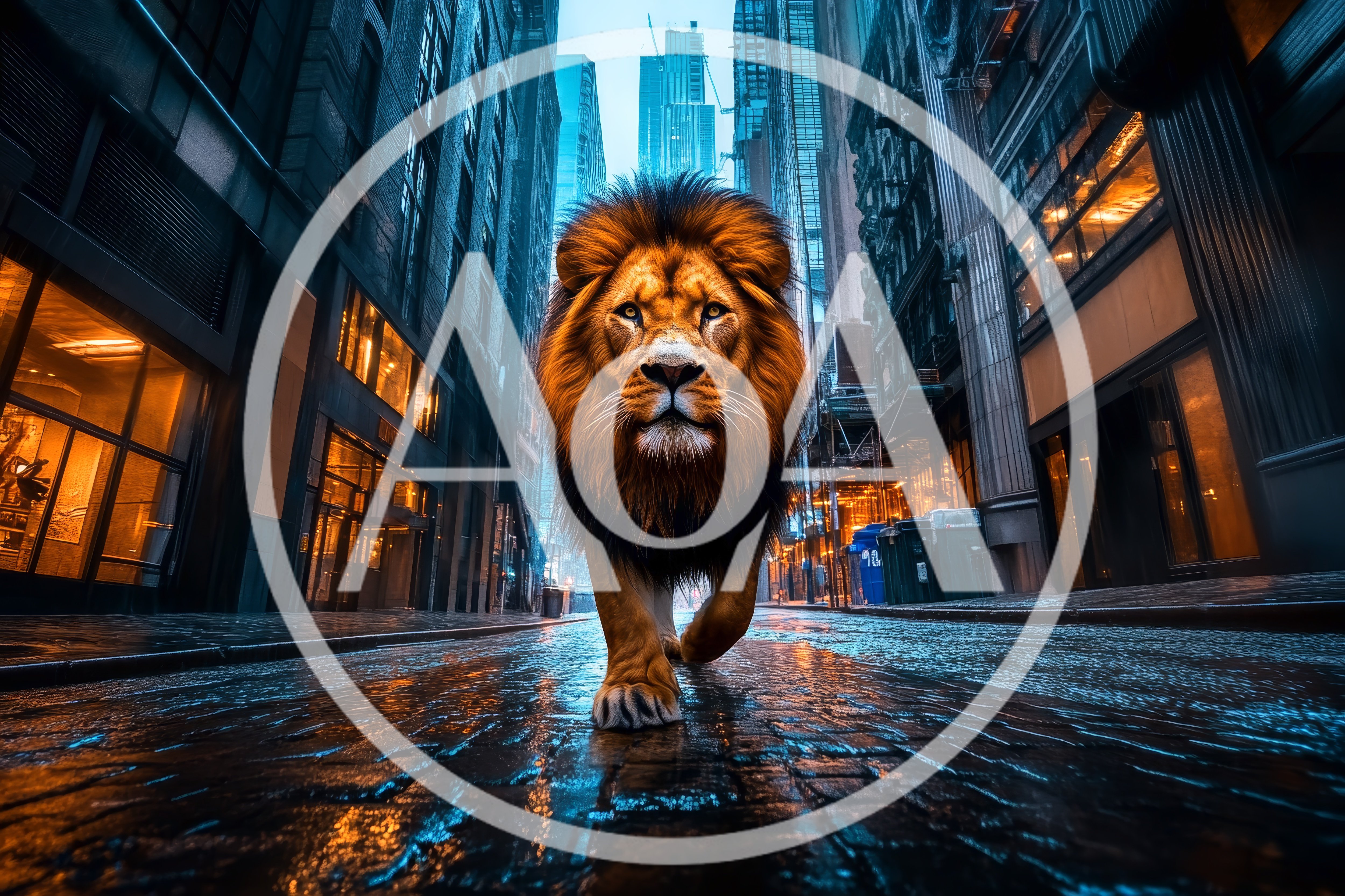 Majestic Lion Walking Down A Wet City Street