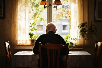 Elderly Man Sitting Alone At A Dining Table