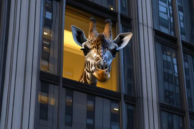 Giraffe Head Looking Out From A Skyscraper Window