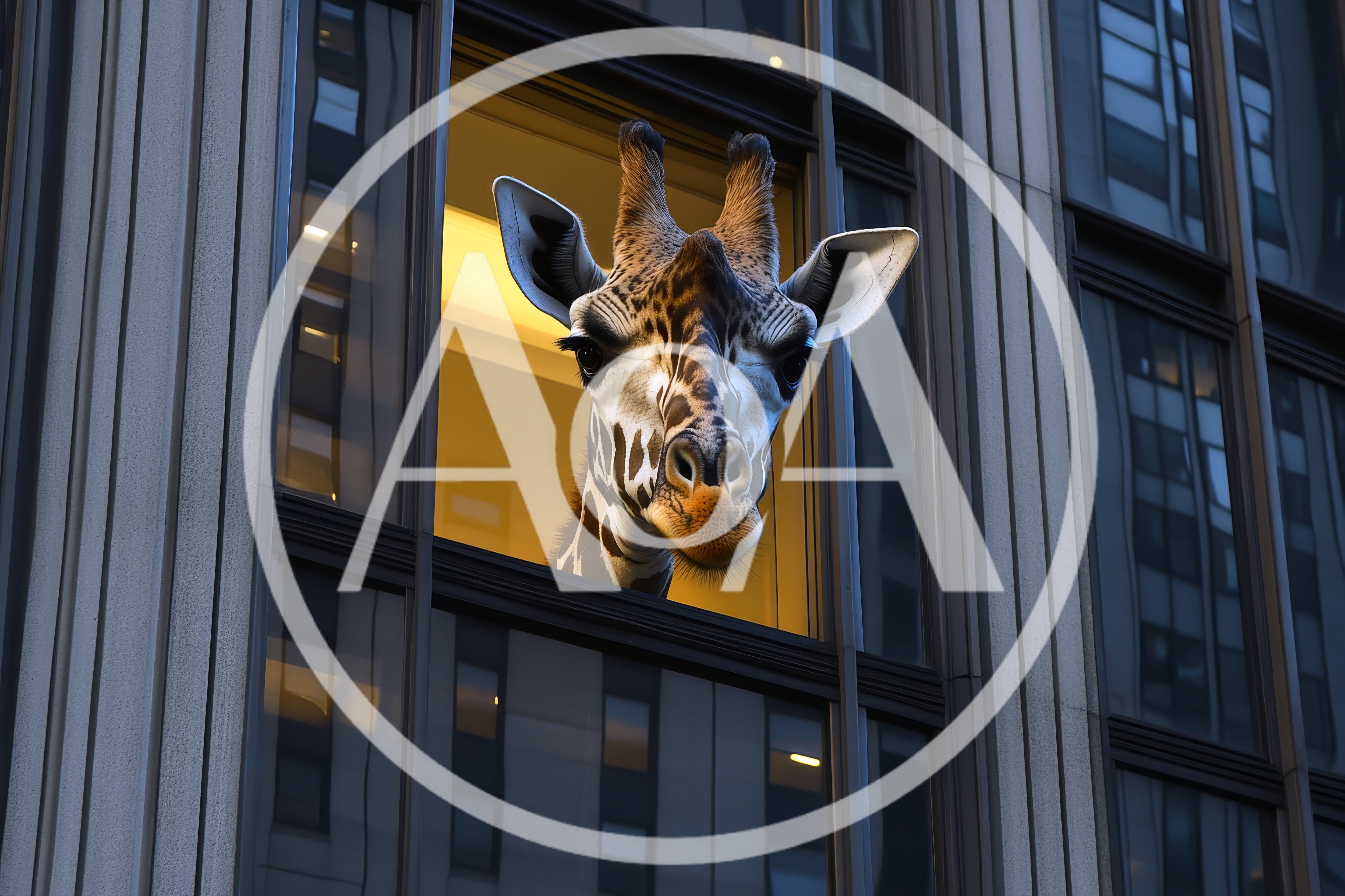 Giraffe Head Looking Out From A Skyscraper Window