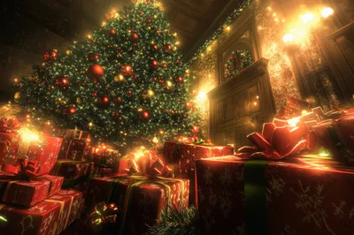 Festive Christmas Tree With Wrapped Presents In Elegant Room