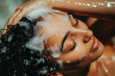 Woman Washing Her Hair With Shampoo In Shower