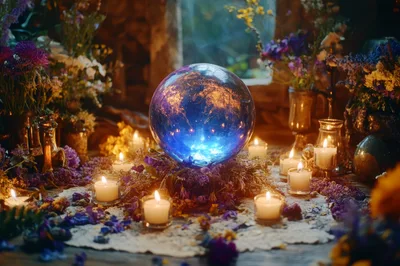 Glowing Crystal Ball Surrounded By Candles And Flowers