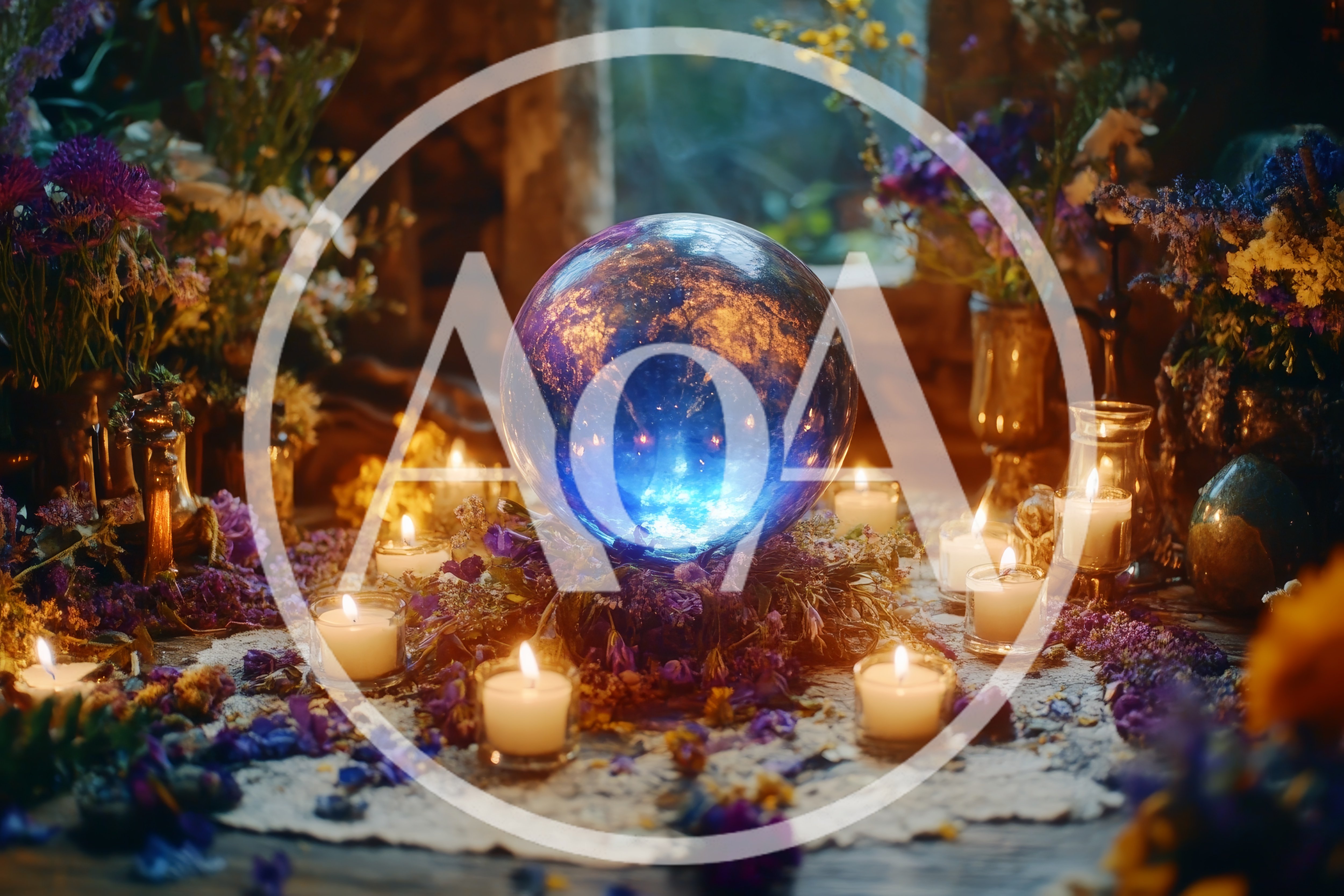 Glowing Crystal Ball Surrounded By Candles And Flowers