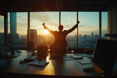 Businessman Celebrating Success In High Rise Office At Sunset