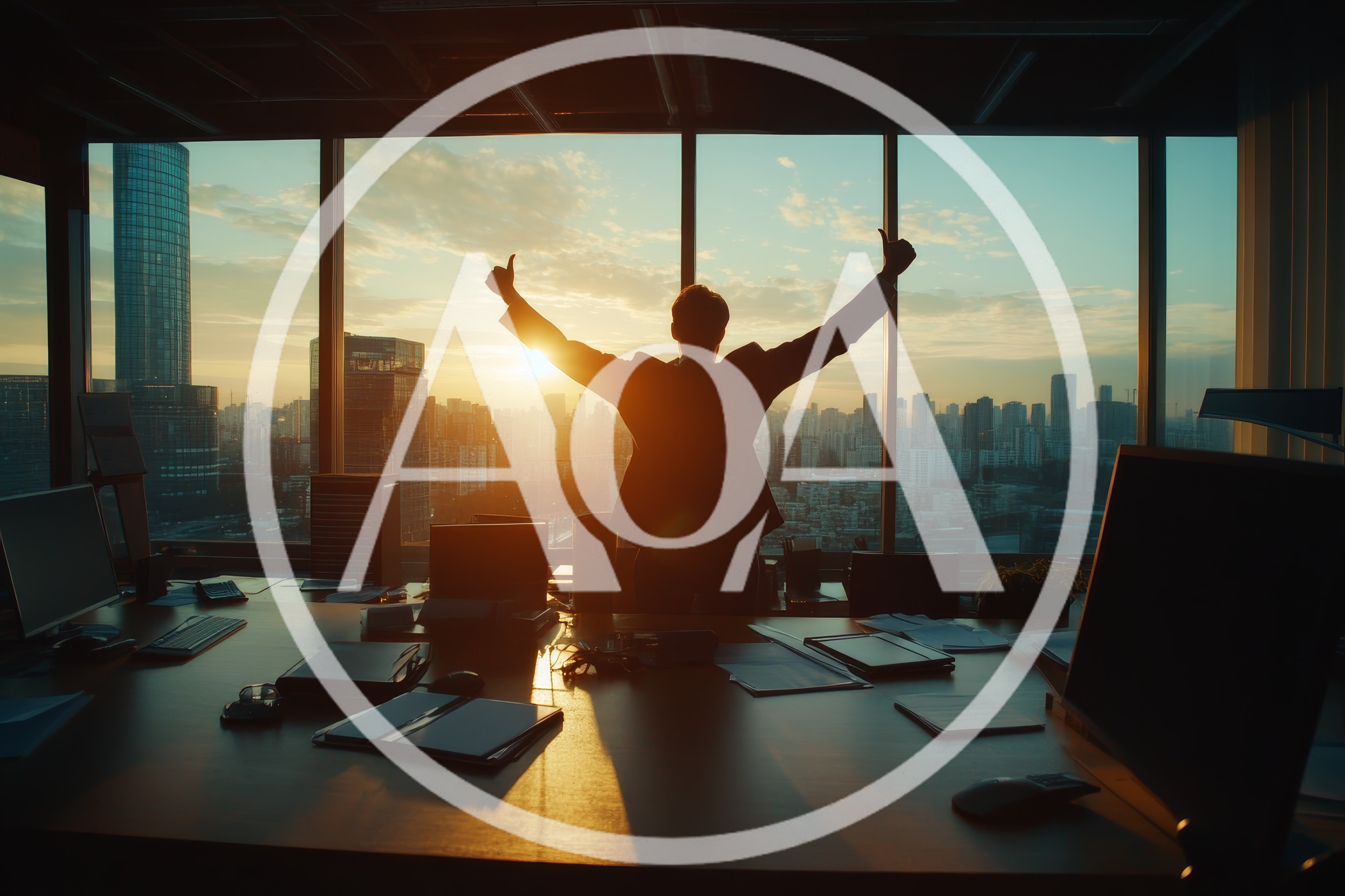 Businessman Celebrating Success In High Rise Office At Sunset