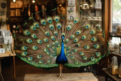 Peacock Displaying Its Vibrant Feathers In A Shop