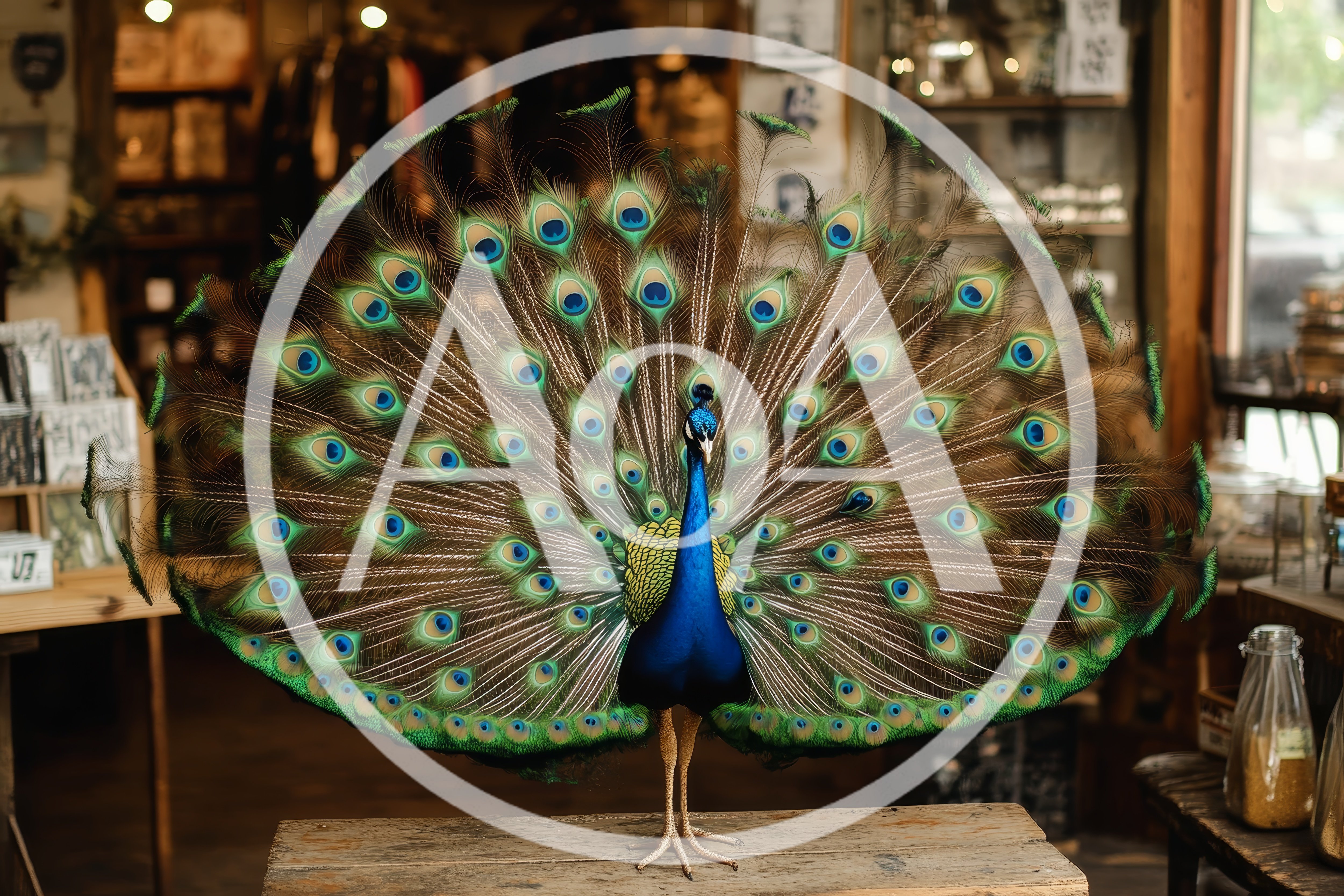 Peacock Displaying Its Vibrant Feathers In A Shop