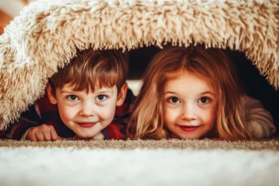 Young Children Hiding Under A Cozy Blanket