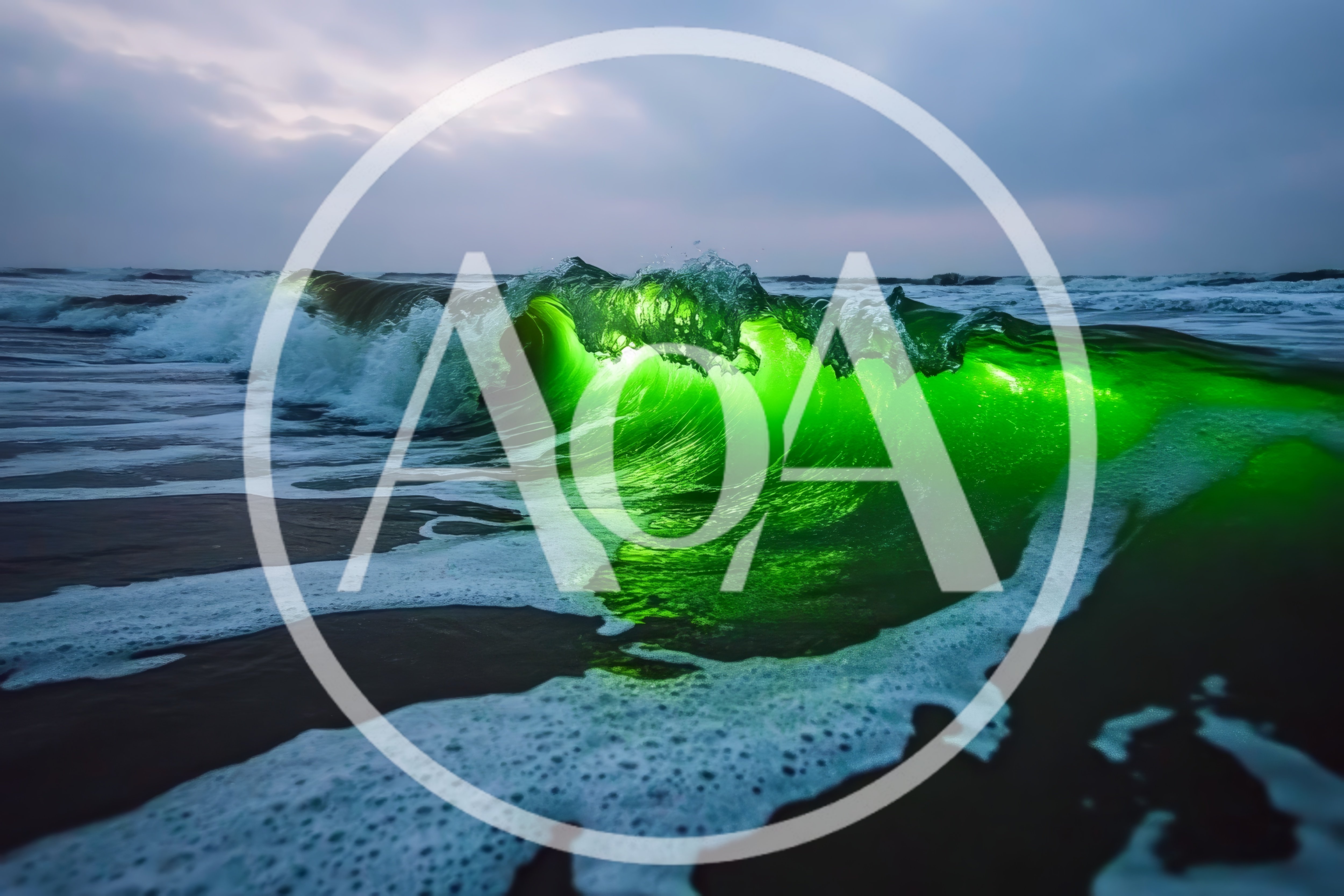 Glowing Green Ocean Wave Breaking At Sunset