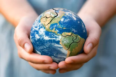 Human Hands Holding A Cracked Earth Globe