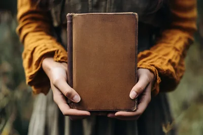 Person Holding An Antique Brown Hardcover Book