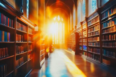 Sunlight Streaming Through A Historic University Library