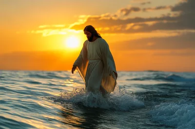 Jesus Christ Walking On Water At Sunset