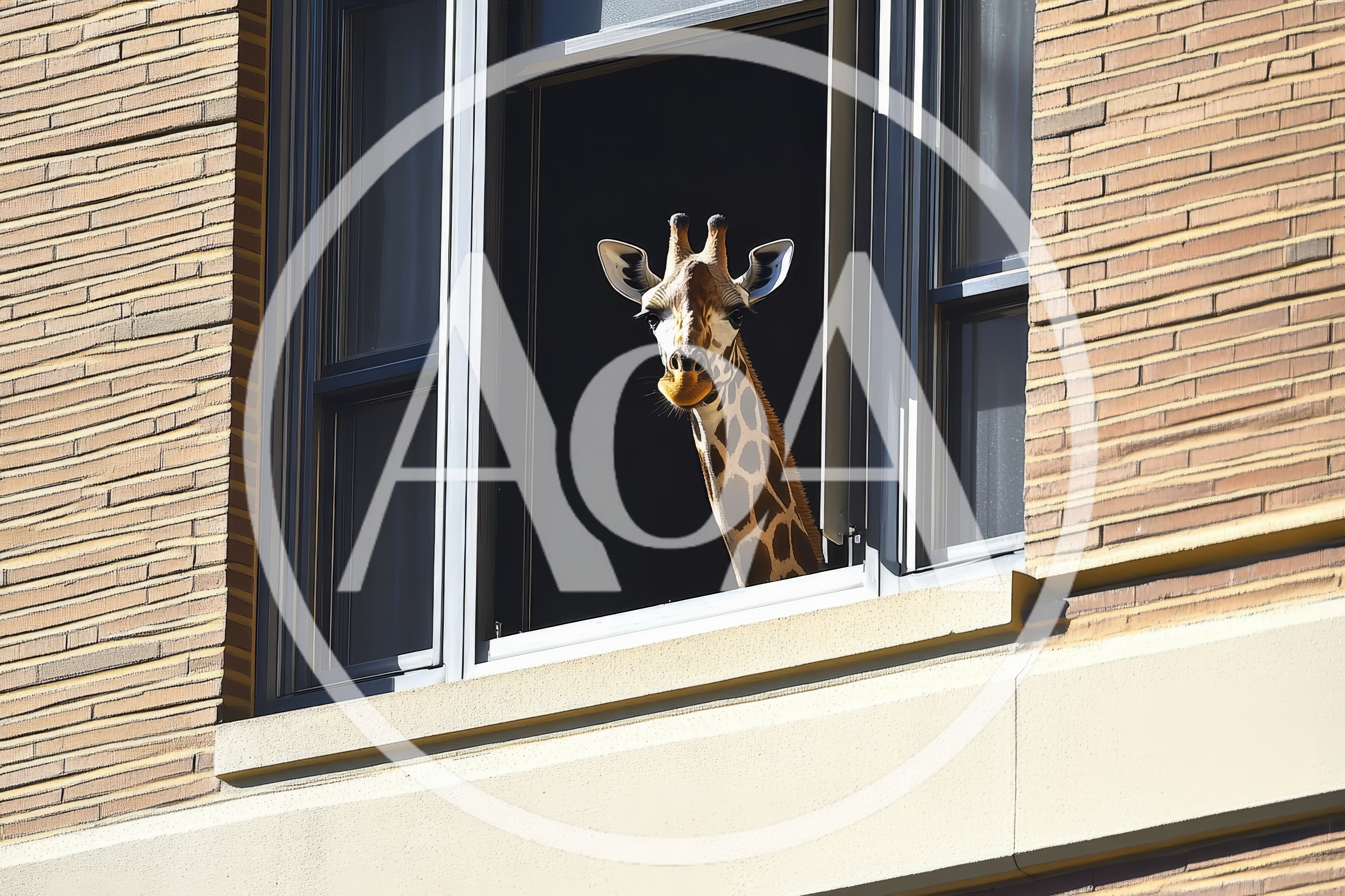 Giraffe Looking Out From An Office Building Window