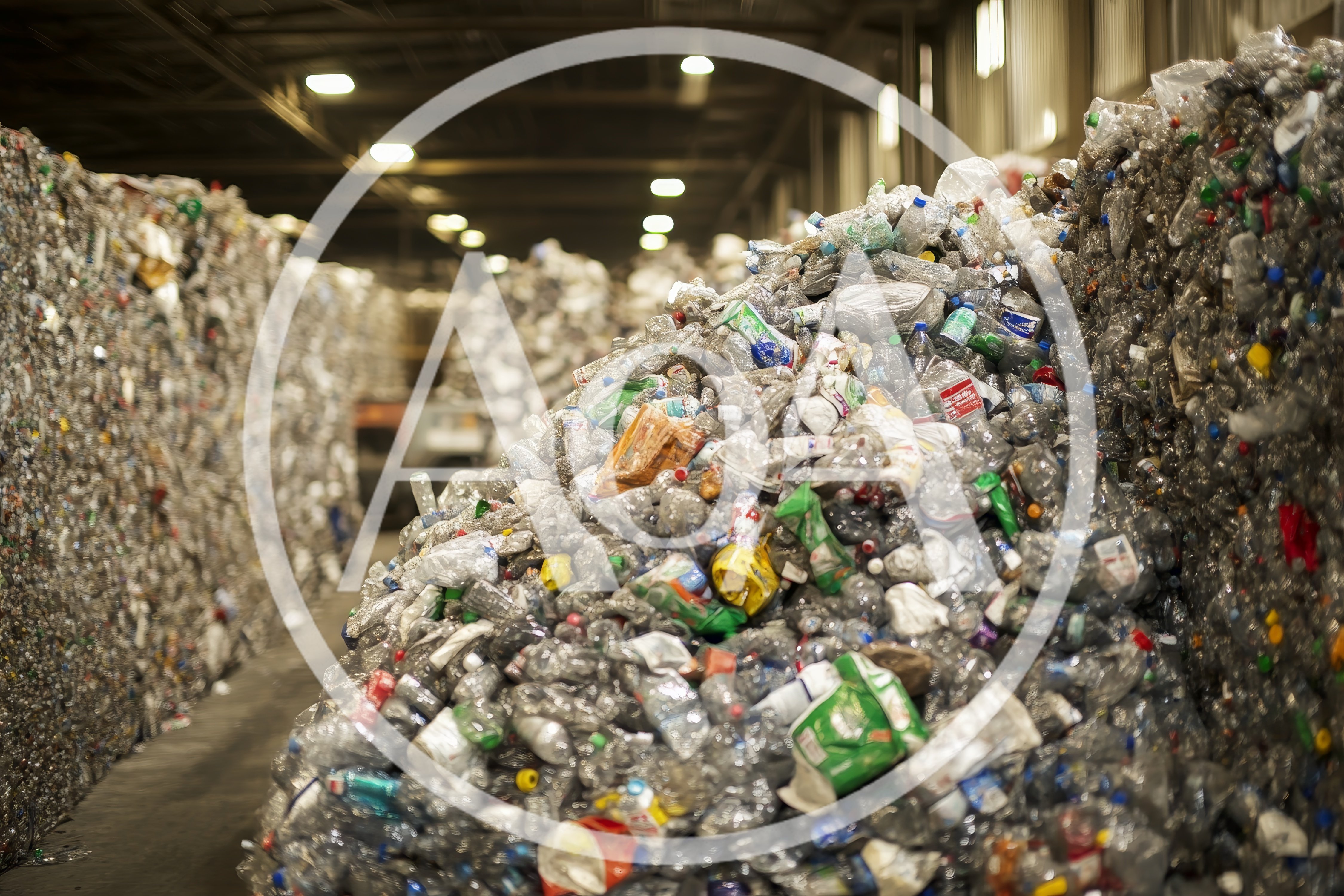 Large Piles Of Recycled Plastic Bottles In Warehouse