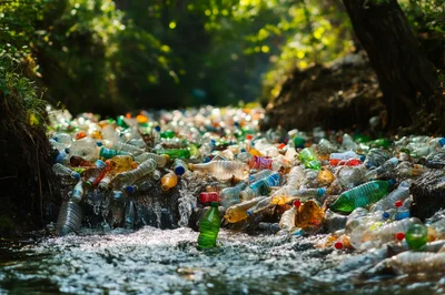 Plastic Bottles Polluting A Forest Stream