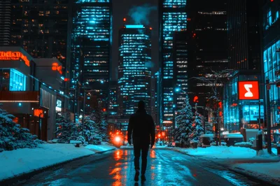 Man Walking Alone Through Snowy City Street at Night