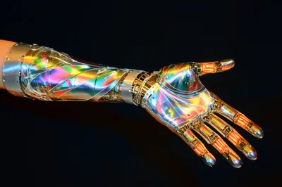 Futuristic Iridescent Robotic Arm Reaching Out