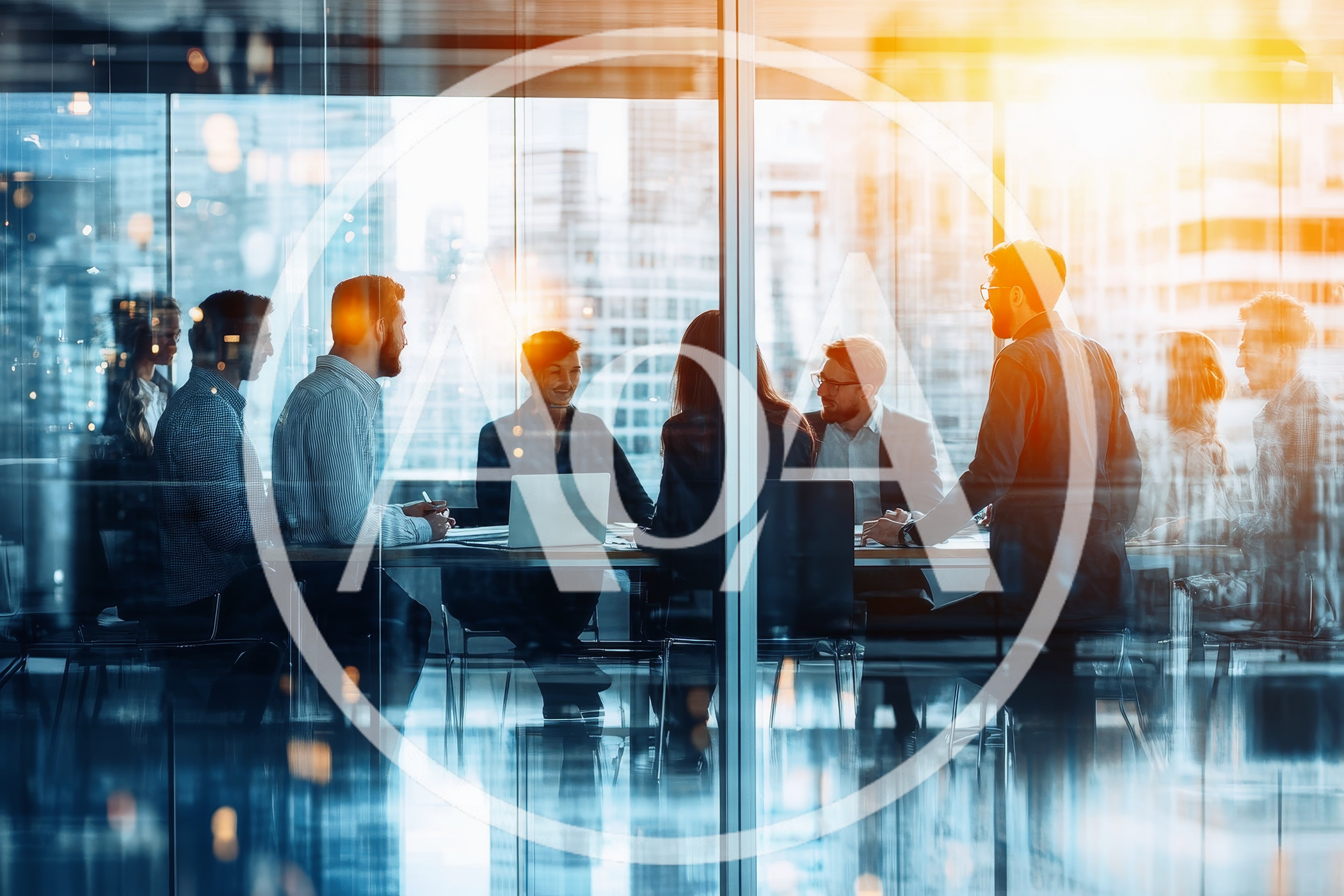 Business Professionals Collaborating in a Modern Glass Office