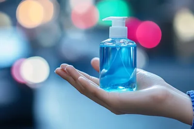 Hand Holding A Bottle Of Blue Hand Sanitizer