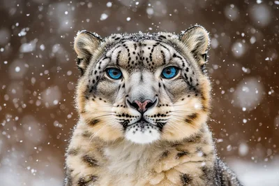 Portrait Of A Majestic Snow Leopard In Falling Snow