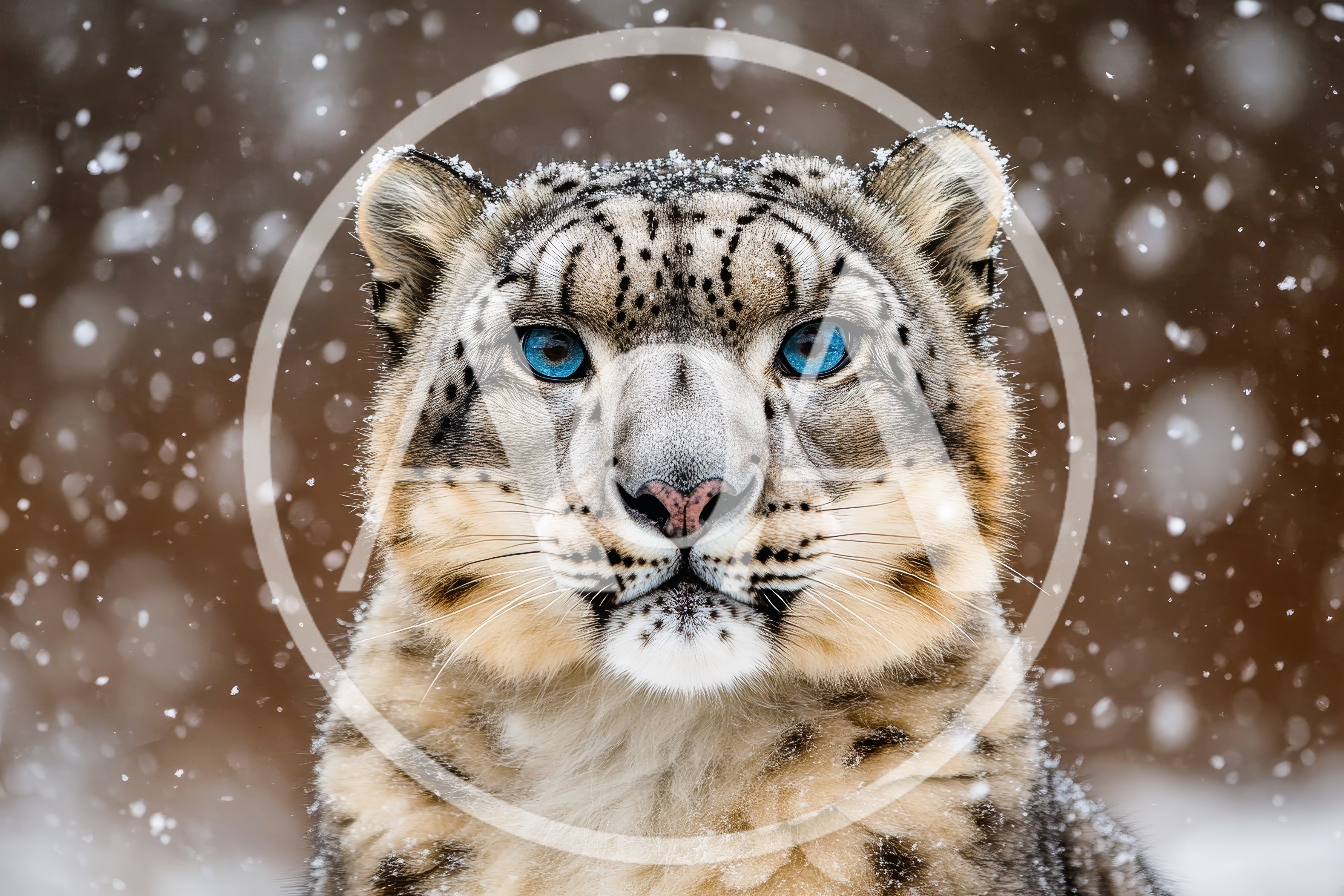 Portrait Of A Majestic Snow Leopard In Falling Snow