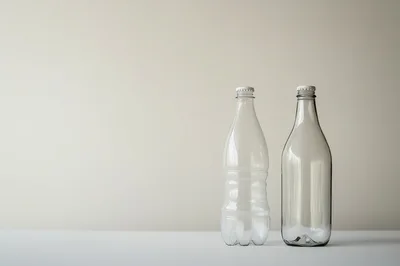 Two Empty Glass and Plastic Bottles on White Surface