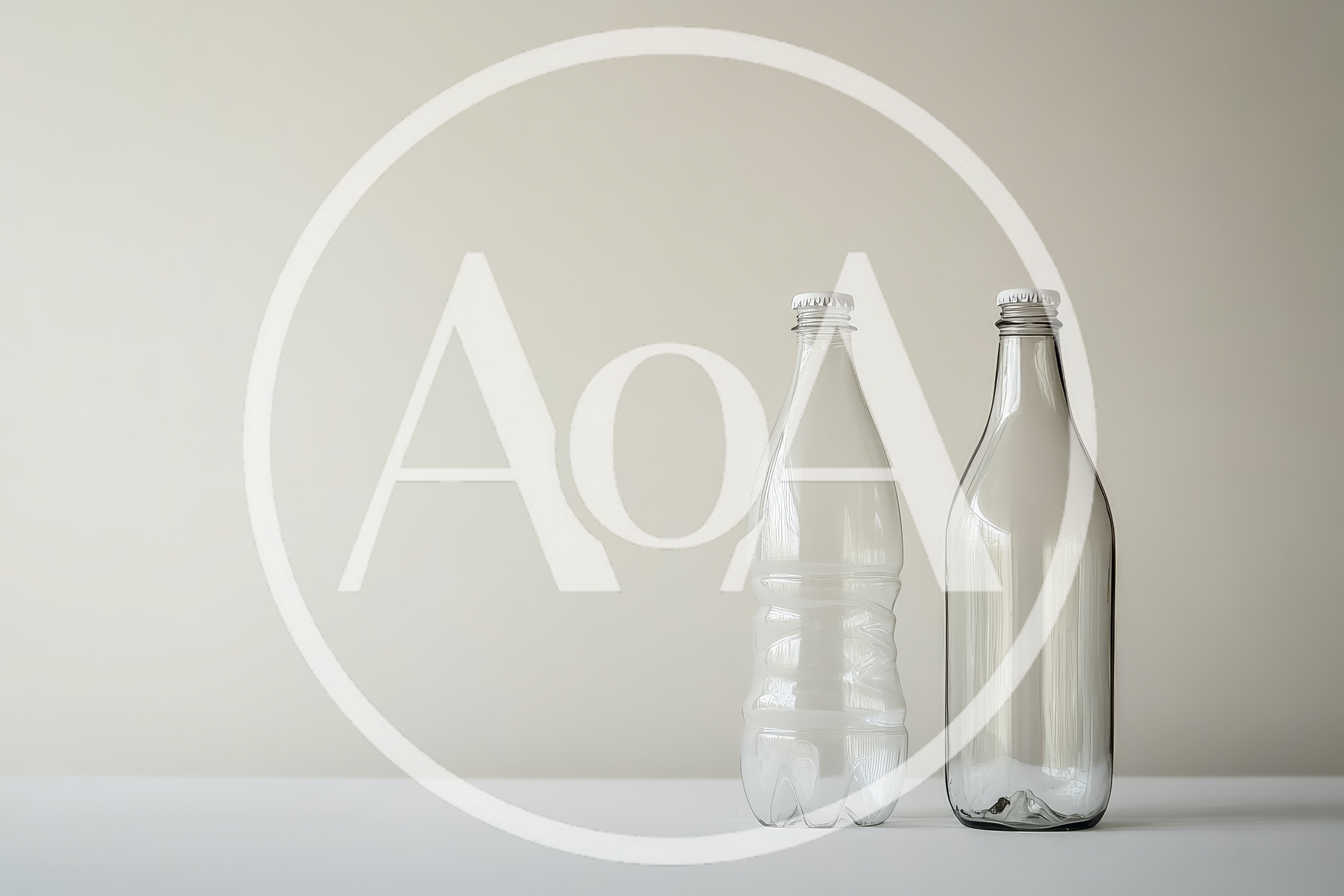 Two Empty Glass and Plastic Bottles on White Surface
