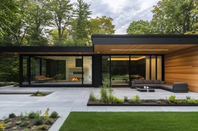 Modern Luxury Home Exterior With Patio And Fireplace
