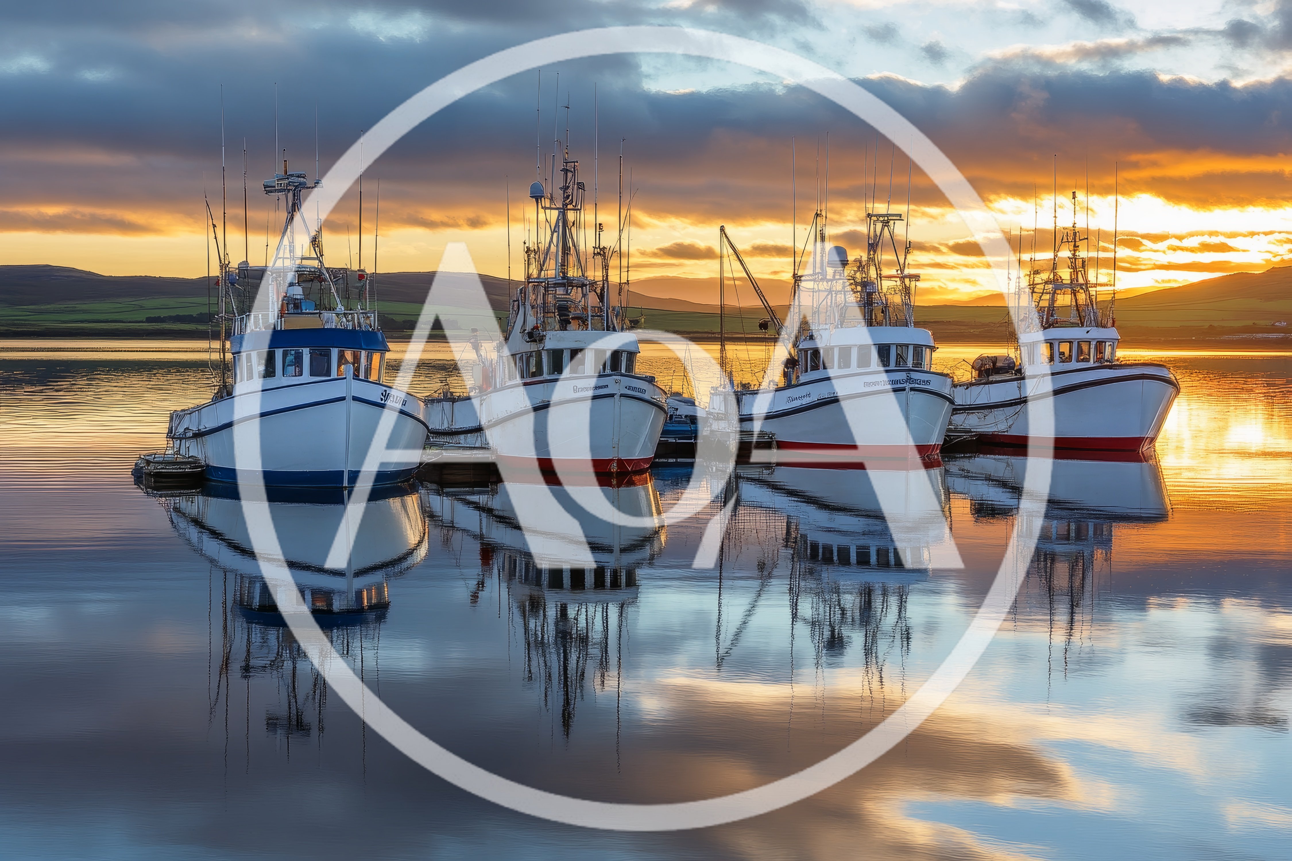 Four Fishing Boats Moored at Sunset