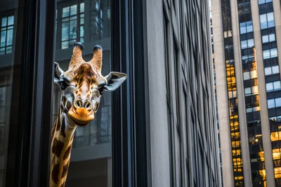 Giraffe Head Peeking Out From Modern Skyscraper Window