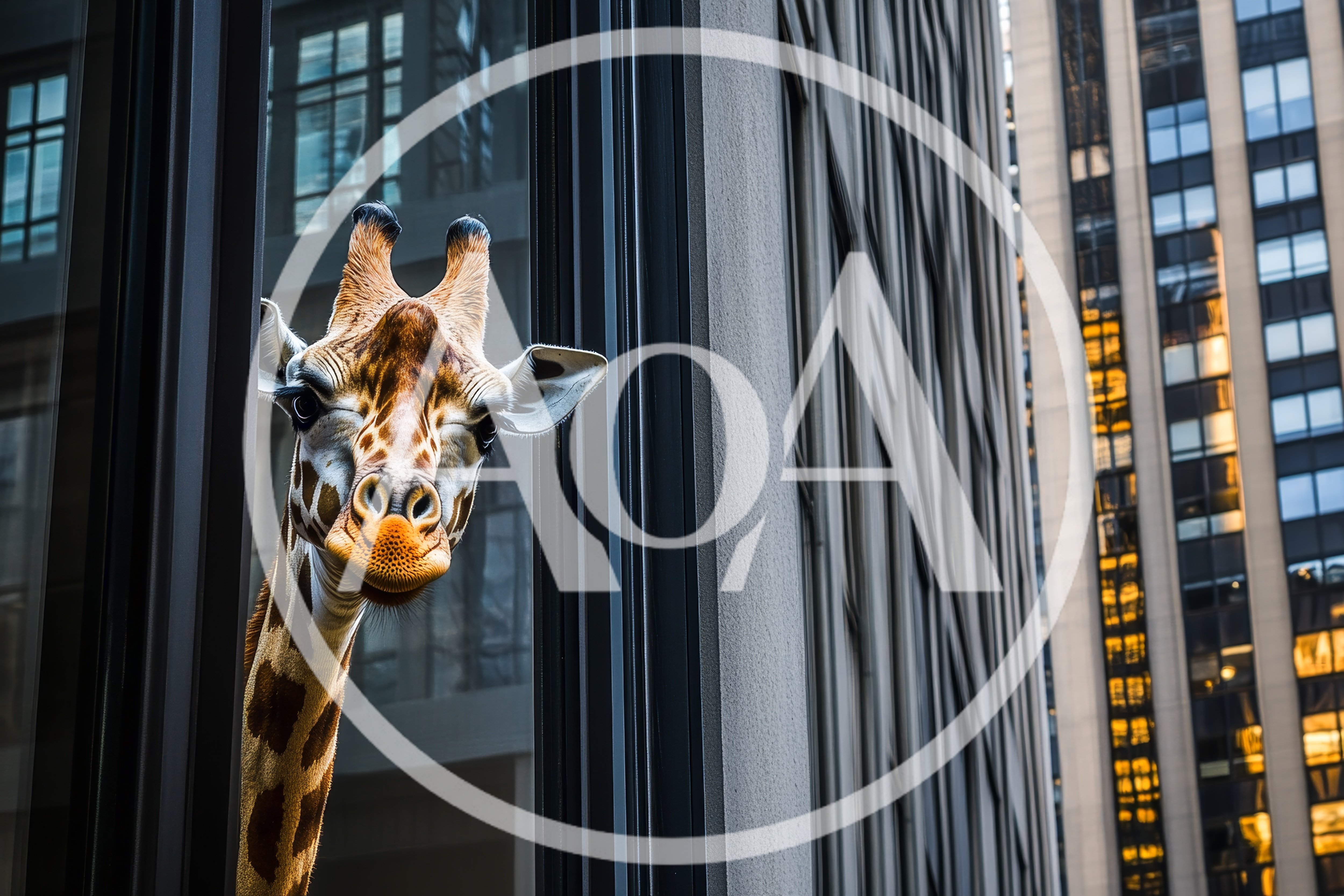 Giraffe Head Peeking Out From Modern Skyscraper Window