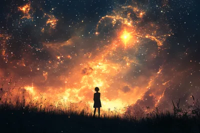 Silhouette Of A Girl Standing Under A Glowing Nebula
