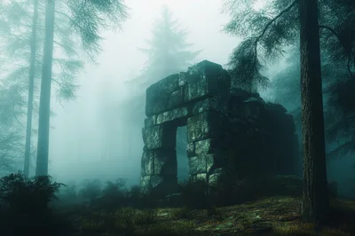 Ancient Stone Archway Ruins In A Misty Forest