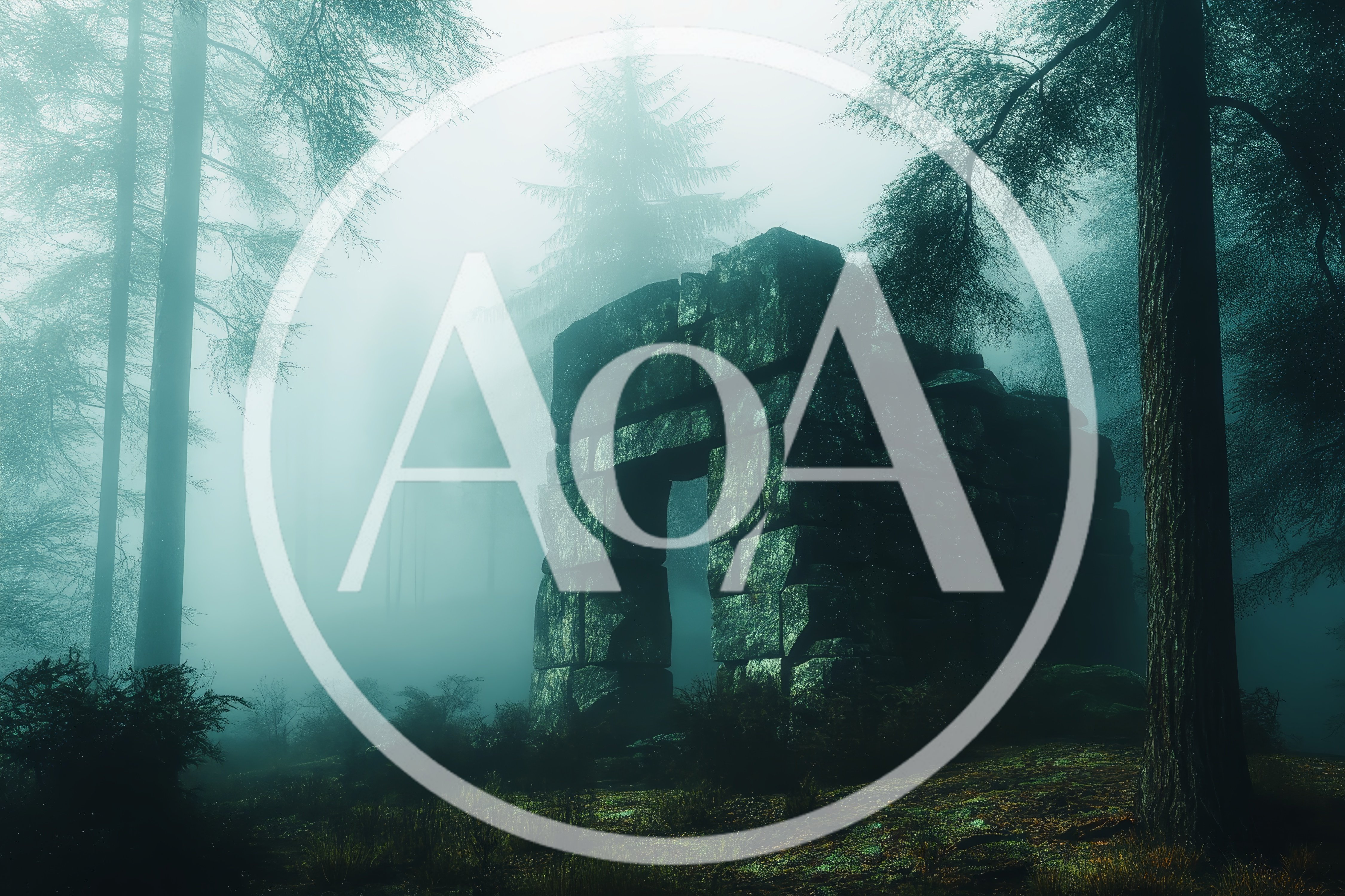 Ancient Stone Archway Ruins In A Misty Forest