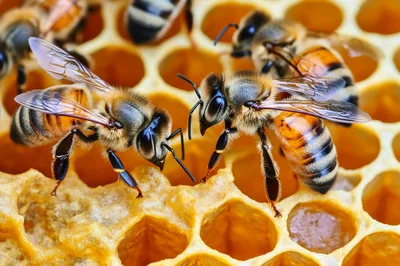 Honey Bees Working on a Wax Honeycomb