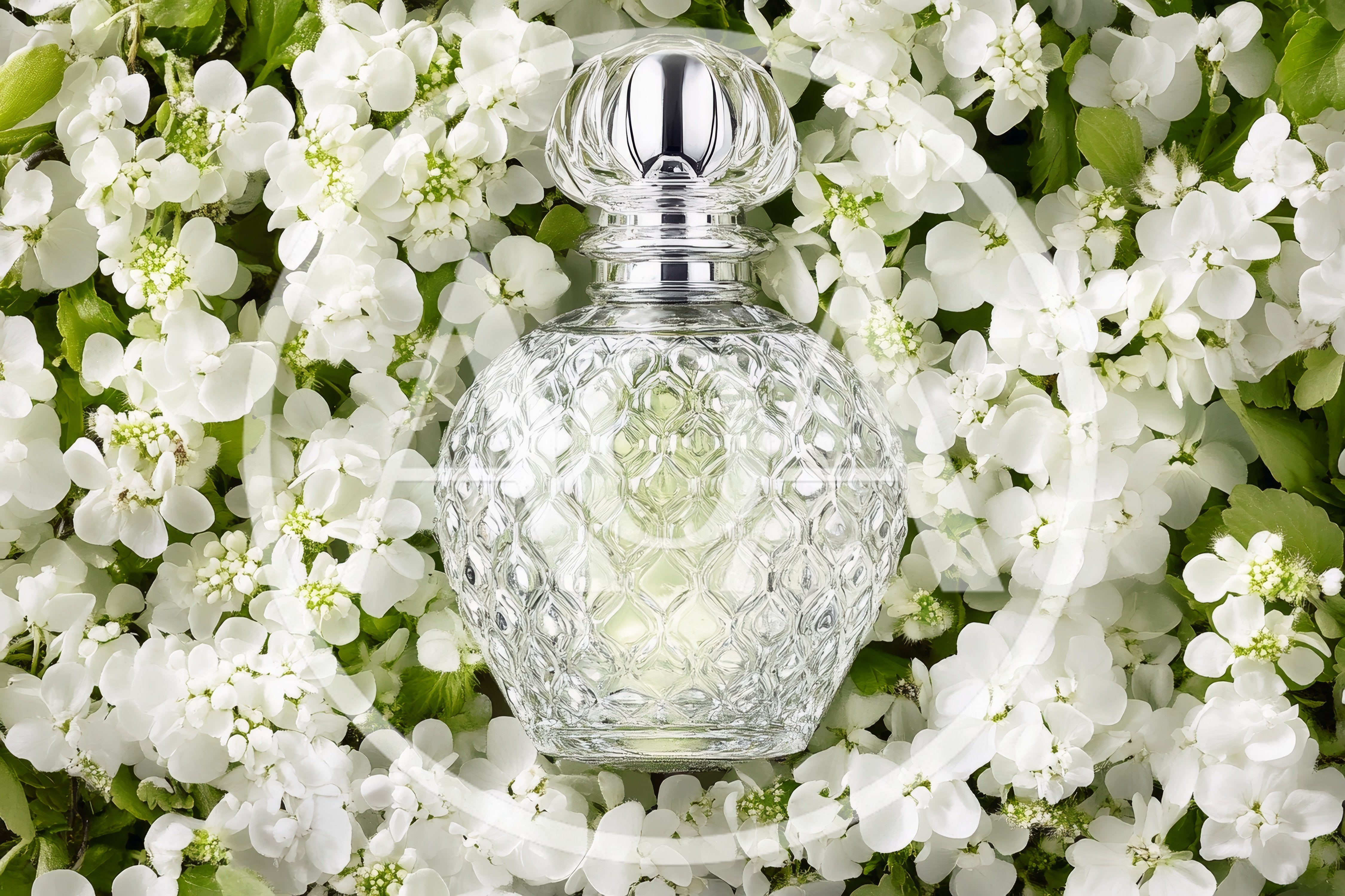 Crystal Perfume Bottle Nestled In White Hydrangea Flowers
