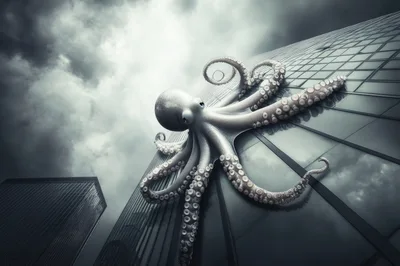Giant Octopus Climbing A Modern Glass Skyscraper