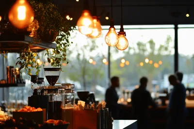 Coffee Shop Interior With Blurred Customers And Hanging Lights