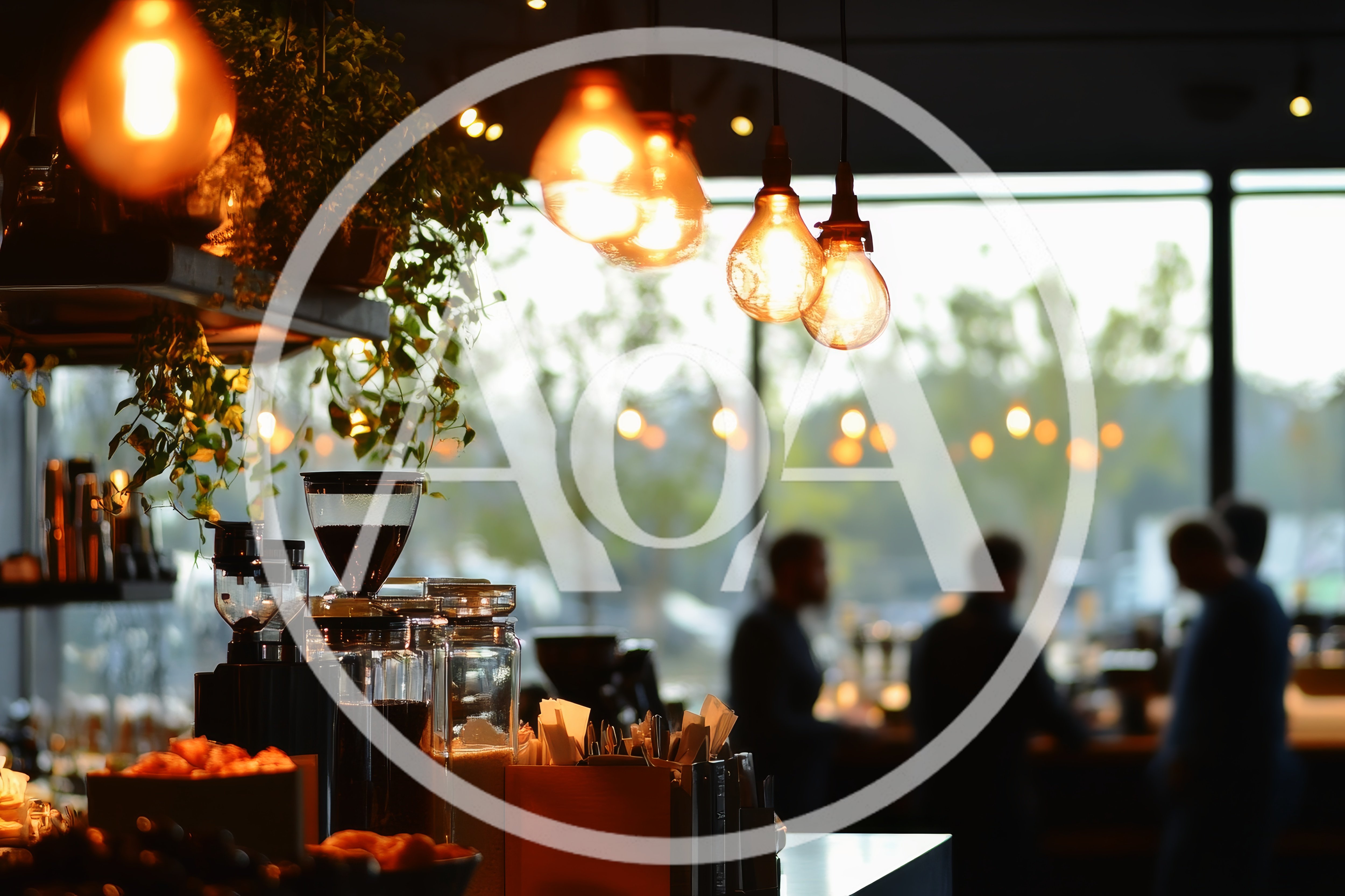Coffee Shop Interior With Blurred Customers And Hanging Lights