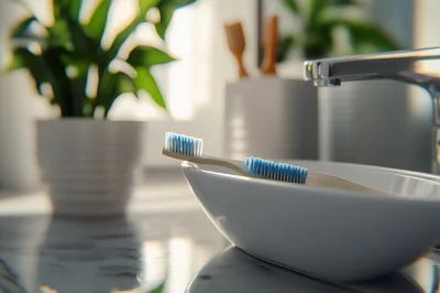 Bamboo Toothbrush Resting On A Modern Bathroom Sink