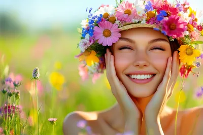 Smiling Woman Wearing A Vibrant Floral Crown In A Meadow